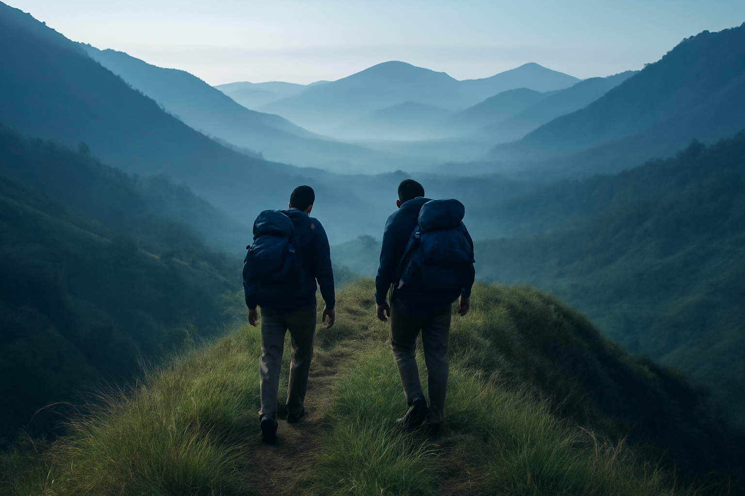 Dua pendaki berjalan di jalur punggungan gunung dengan lembah berkabut di belakang