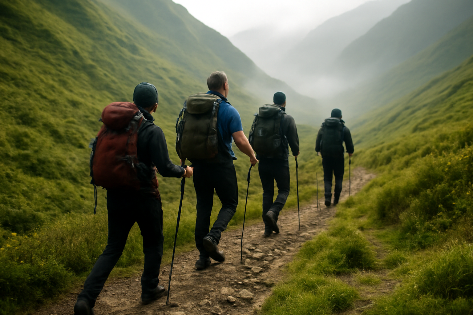 Pendaki berjalan dengan langkah pendek di jalur lembah pegunungan untuk menjaga kecepatan mendaki