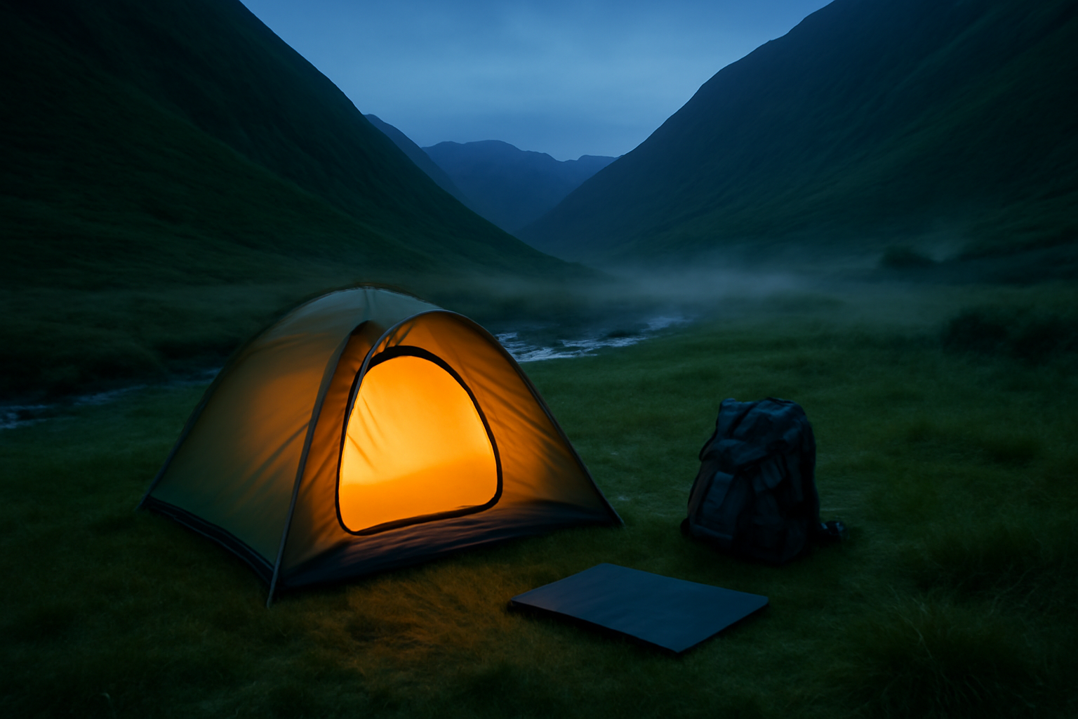 Tenda berkemah di dasar lembah pegunungan saat senja dengan kabut tipis dan rumput lembap