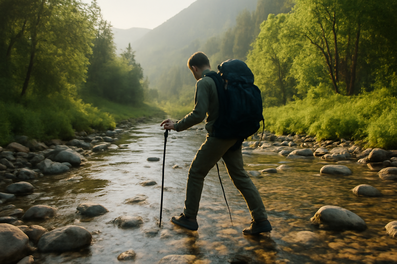 Pendaki menyeberangi sungai dangkal berbatu di lembah pegunungan dengan trekking pole