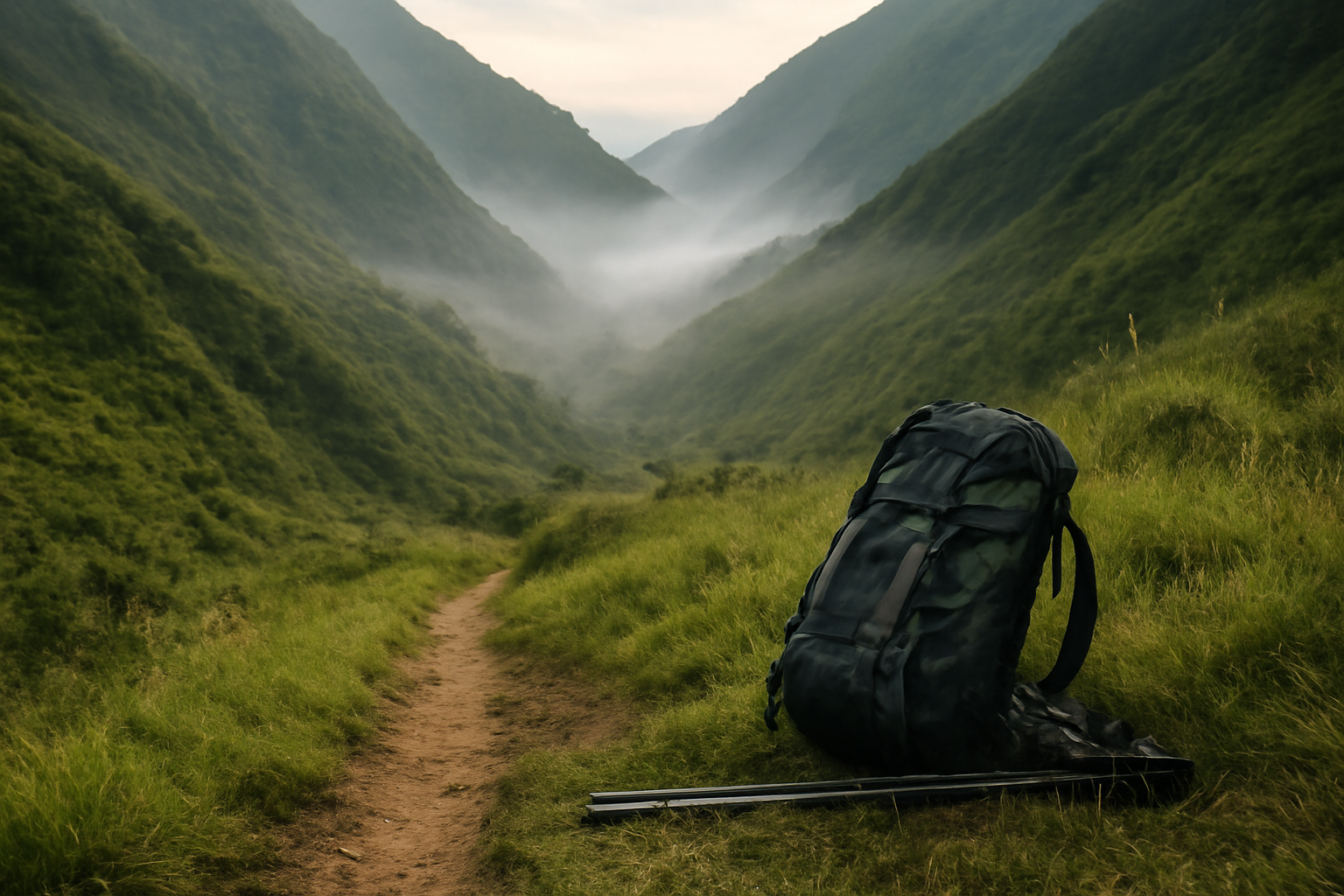 Jalur trekking melintasi lembah hijau di antara lereng pegunungan berkabut