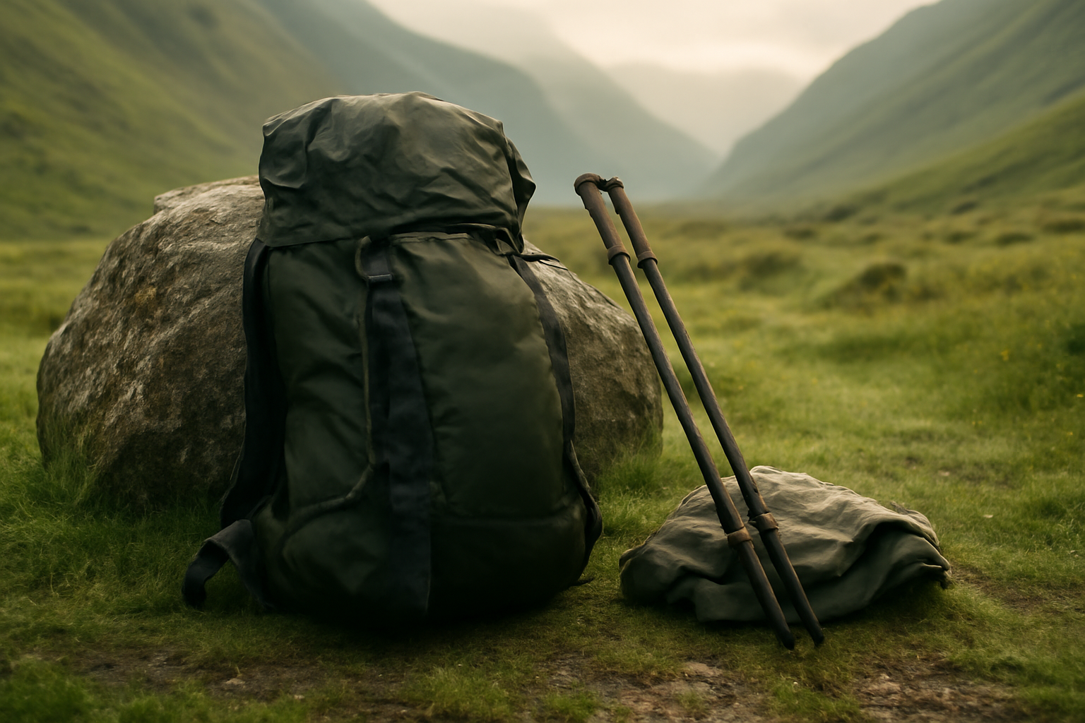 Tas carrier berisi perlengkapan mendaki bersandar di batu lembah pegunungan dengan tongkat trekking
