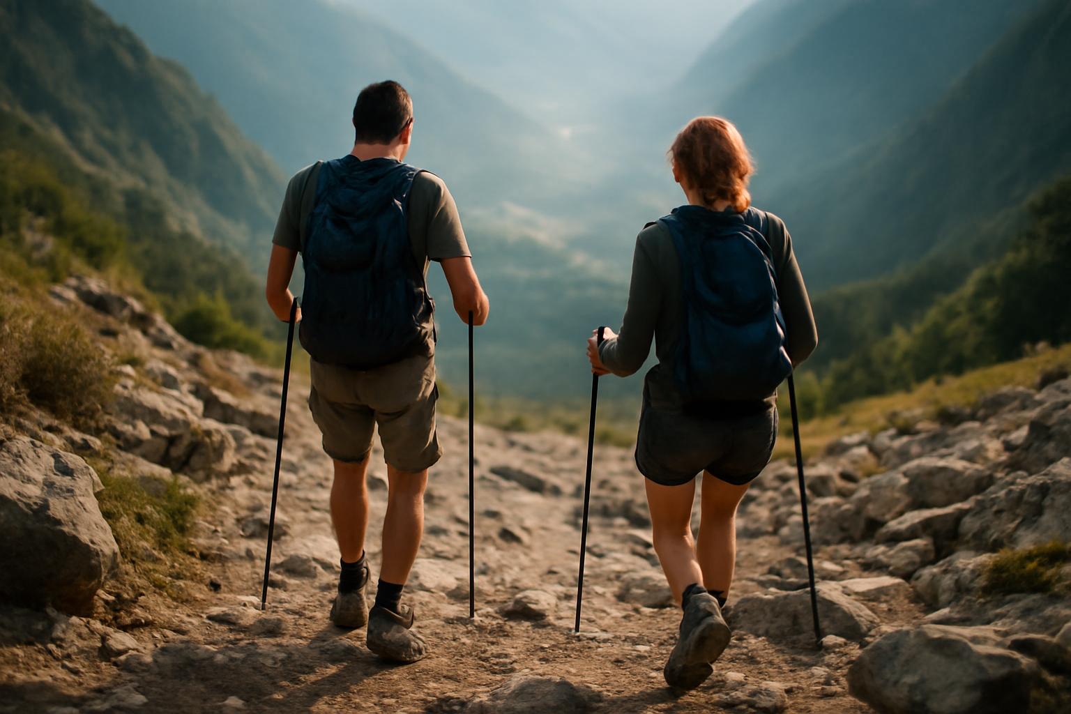 Dua pendaki menuruni jalur berbatu di pegunungan dengan tongkat trekking