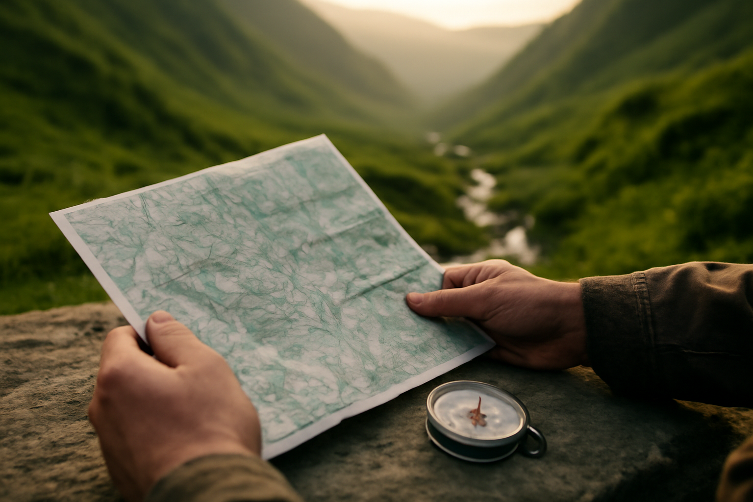 Peta topografi dan kompas di atas batu saat mengecek rute lembah sebelum mendaki